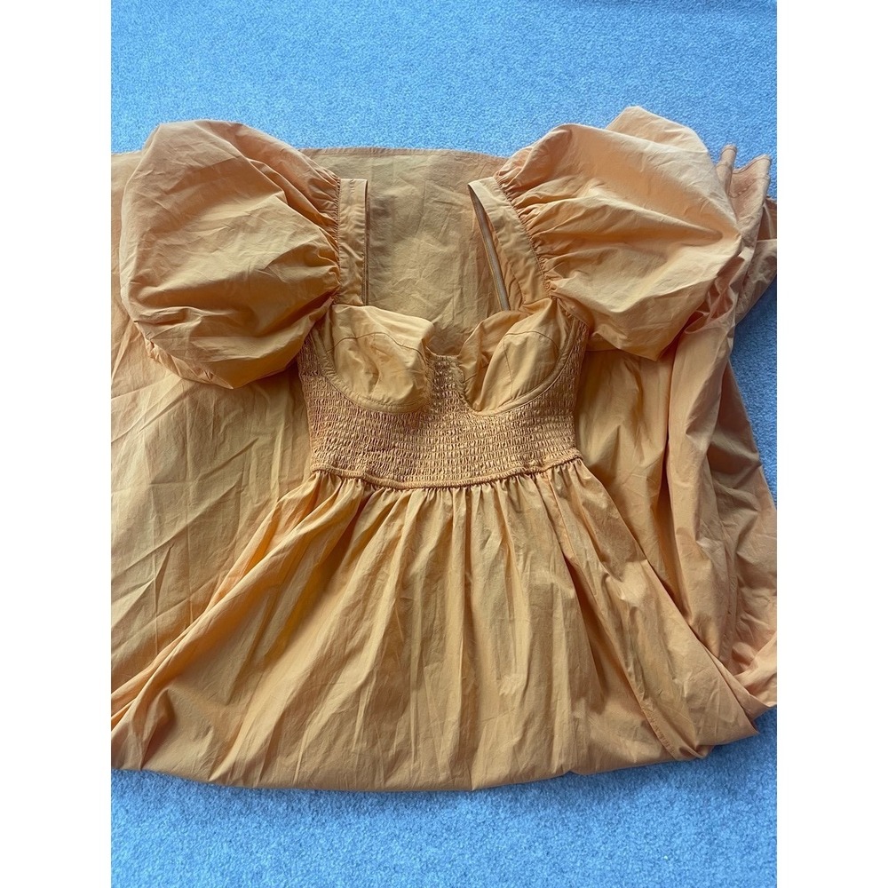 Showpo Raiza Apricot Orange Puff Sleeve Smocked Midi Dress Size 2